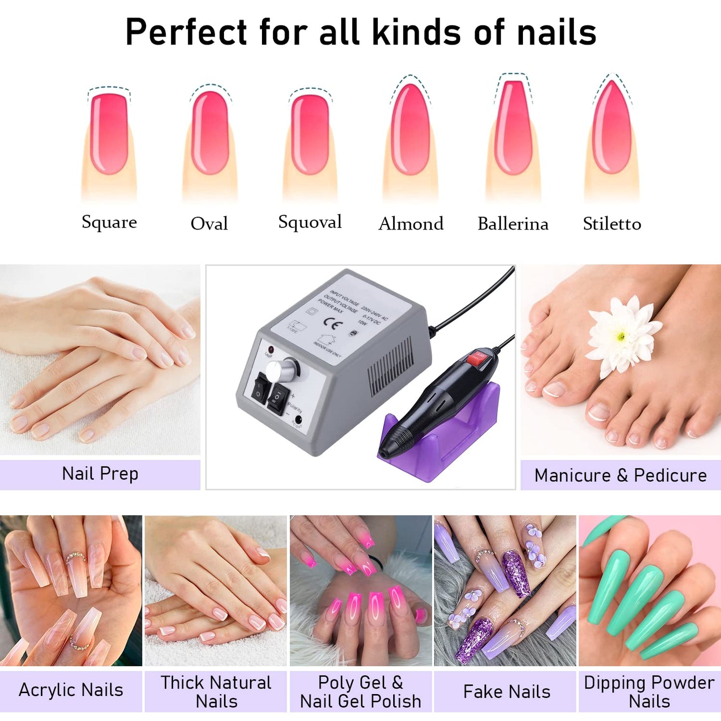 Professional Manicure Filer Kit Nail Polish Machine Set with 6 Acrylic Gel Remover and 7Pcs Nail Drill Bits (Gray)