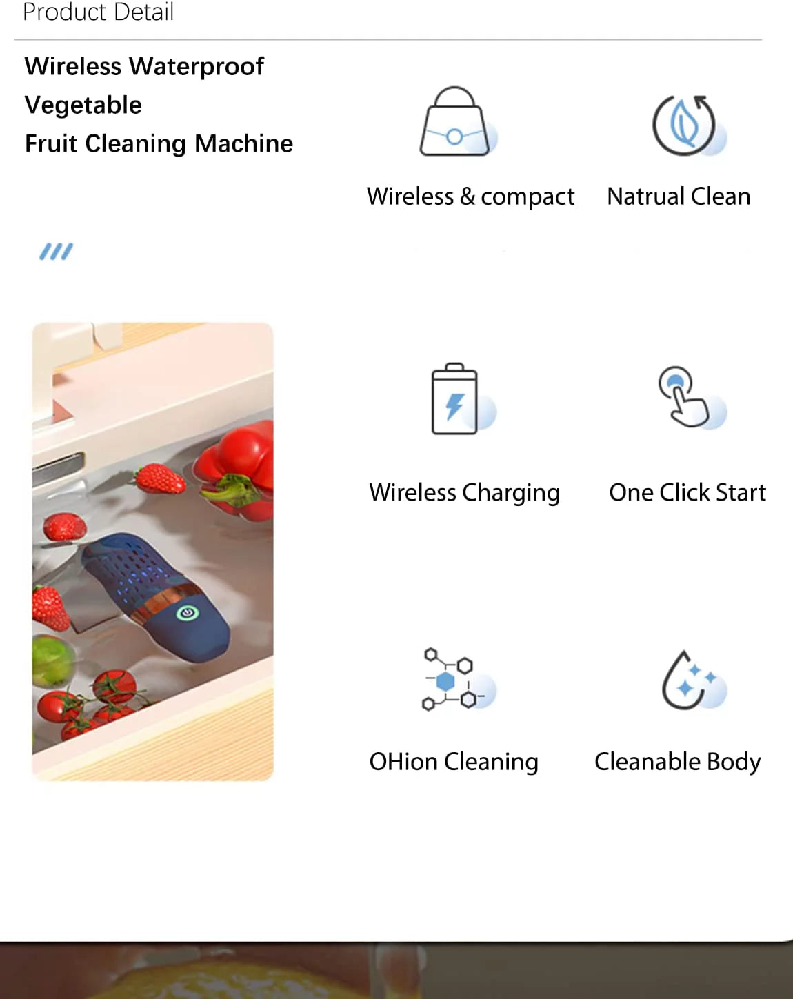 Fruit and Vegetable Cleaner Machine,Ipx7 Waterproof Fruit Vegetables Washing Cleaner,Usb Wireless Fruit Vegetable Washer Food Purifier for Seafood Rice Meat Food Cleaner