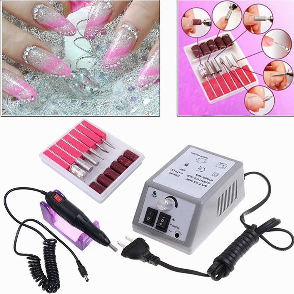 Professional Manicure Filer Kit Nail Polish Machine Set with 6 Acrylic Gel Remover and 7Pcs Nail Drill Bits (Gray)
