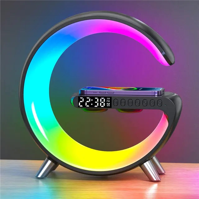 Wireless Charger Stand Alarm Clock Bluetooth Speaker LED Lamp