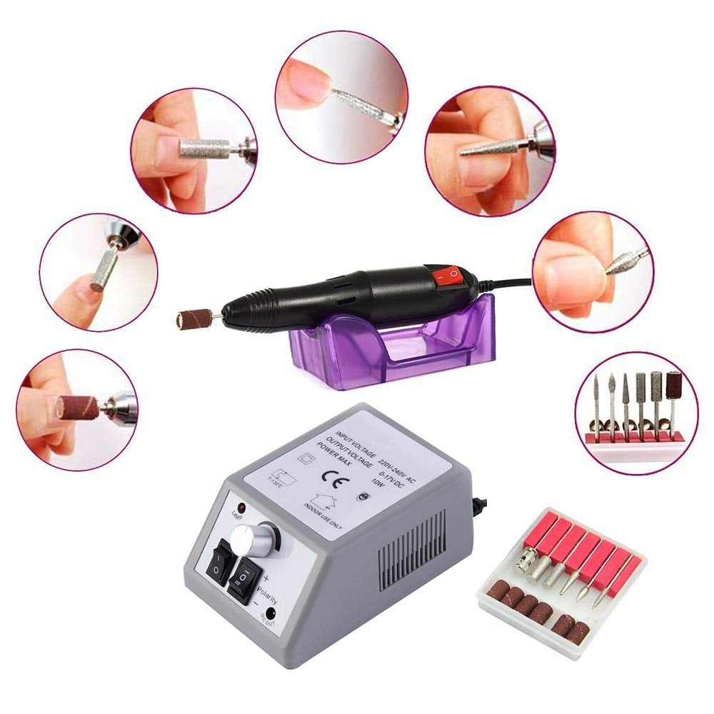 Professional  Manicure Filer Kit Nail Polish Machine Set with 6 Acrylic Gel Remover and 7Pcs Nail Drill Bits (Gray)